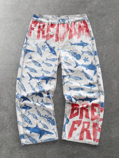 Street Life Jeans droits avec imprimé lettres et poissons pour hommes