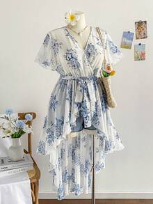 Soleia Áo cánh voan in hoa tay loe buộc nơ phía trước cho nữ cỡ lớn - Màu xanh lam - Xem 1