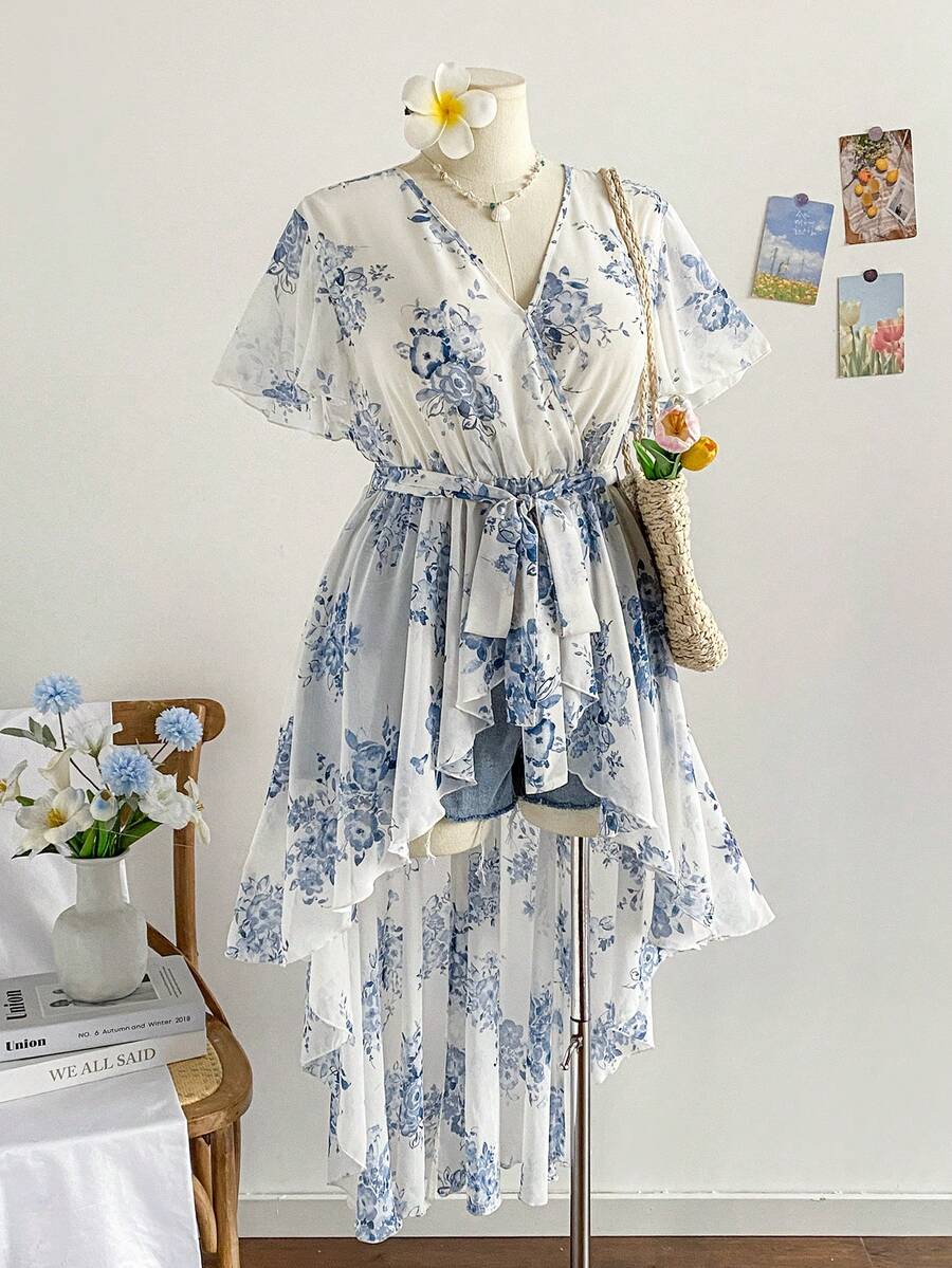 Soleia Áo cánh voan in hoa tay loe buộc nơ phía trước cho nữ cỡ lớn - Màu xanh lam - Xem 1