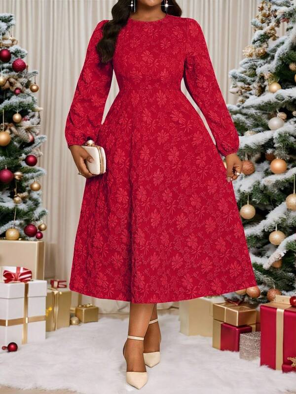 Fleurora New Plus Size Red Textured Three-Dimensional Floral Square Neck Waist Fitted A-Line Dress Winter Dress Women  Christmas Clothes Stylish Clothing Collection Christmas Dress New Year Dress Red Dress Long Red Dress Wedding Guest Dress For Women Winter Dress Women Evening Dress Chic Wedding