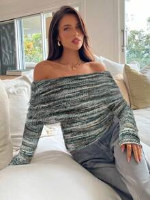 Aloruh Women's Sexy & Elegant Off Shoulder Ruched Fitted Long Sleeve Knit T-Shirt - Multicolor - View 3
