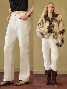 MOTF STUDIO SOLID SLANT POCKET SEAM FRONT STRAIGHT LEG JEANS WITHOUT CHAIN BELT , FALL WINTER - Beige - View 8