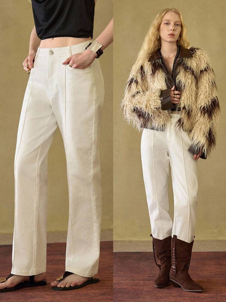 MOTF STUDIO SOLID SLANT POCKET SEAM FRONT STRAIGHT LEG JEANS WITHOUT CHAIN BELT , FALL WINTER