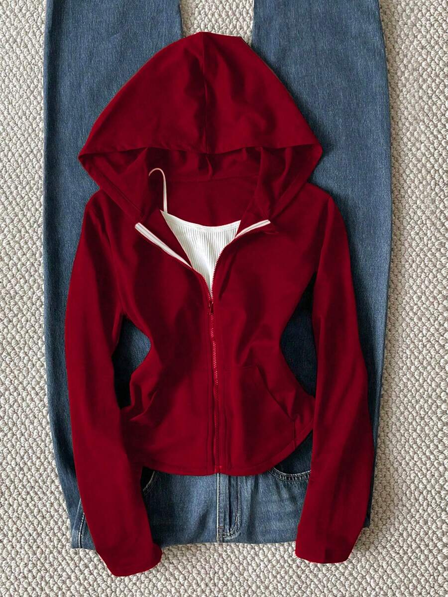 Teen GirlCasual Slim Fit Tight Cropped Sweatshirt Sweatshirt, Back To School Korean Style - Burgundy - View 1