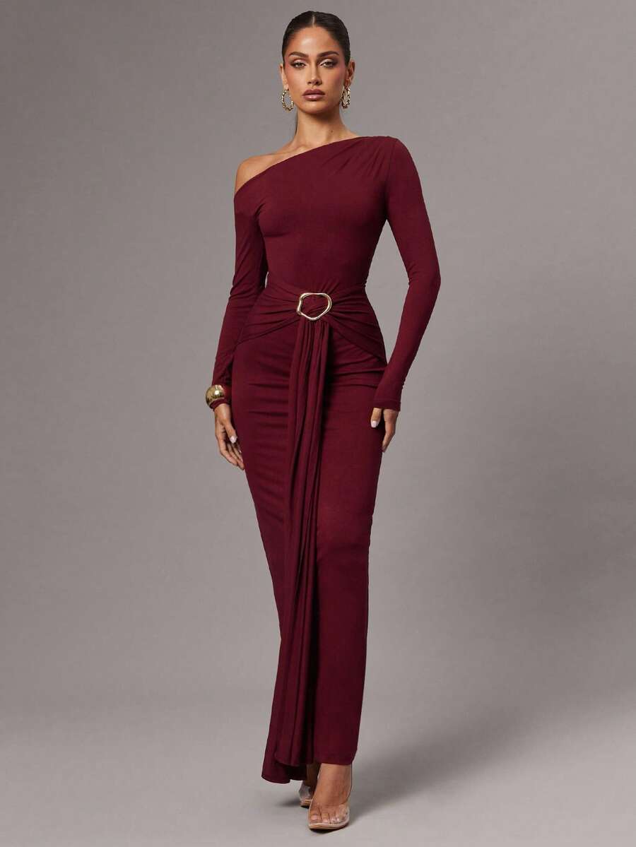 Silquee 女式纯色不对称领口褶饰优雅长袖连衣裙 - 酒紅色 - 查看 1
