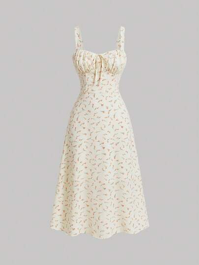 SHEIN MOD Women's Sweet Floral Print Romantic Countryside Style Mid-Length Vacation Dress,Summer Women Dresses,Floral Dress,Yellow Dress, Wedding Guest Dress