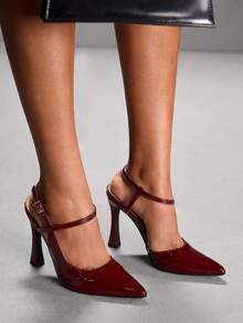 CUCCOO SZL 女士尖头搭扣设计时尚高跟鞋，适合日常穿着 - 酒紅色 - 查看 7