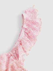 SHEIN MOD 方領花卉印花網紗中長裙，褶邊下擺和收腰設計 - 粉色 - 查看 3