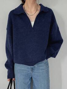 FRIFUL 女式纯色深灰色翻领落肩长袖宽松休闲百搭毛衣，秋冬 - 藏蓝色 - 查看 4