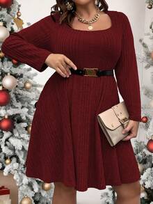 Vionelle Plus Ribbed Knit Scoop Neck Dress Without Belt Fall Cloth For Women - Burgundy - View 5