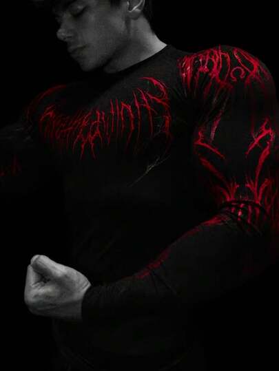 Manfinity Sport PWRUP Men's Gothic Print Crew Neck Long Sleeve Athletic T-Shirt