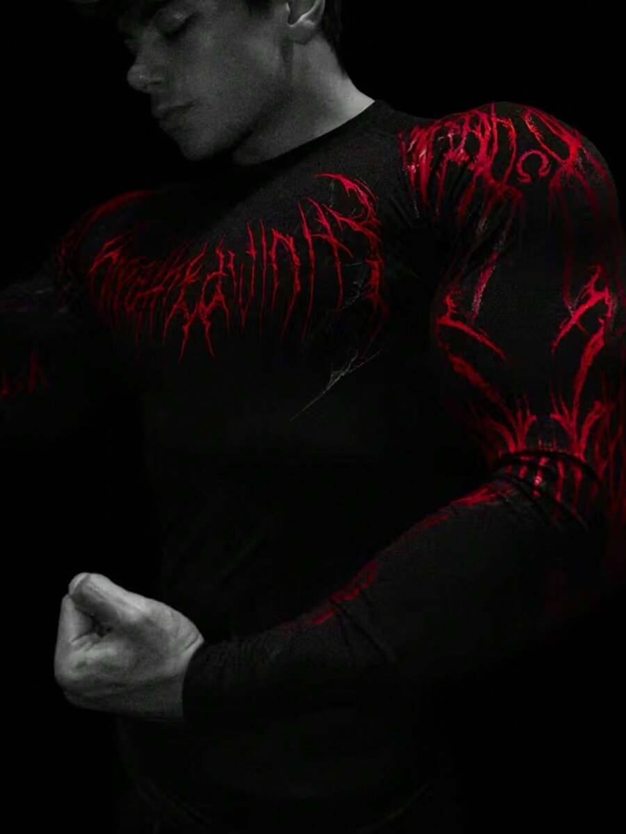 Manfinity Sport PWRUP Men's Gothic Print Crew Neck Long Sleeve Athletic T-Shirt Compression Shirt Men - Black - View 1