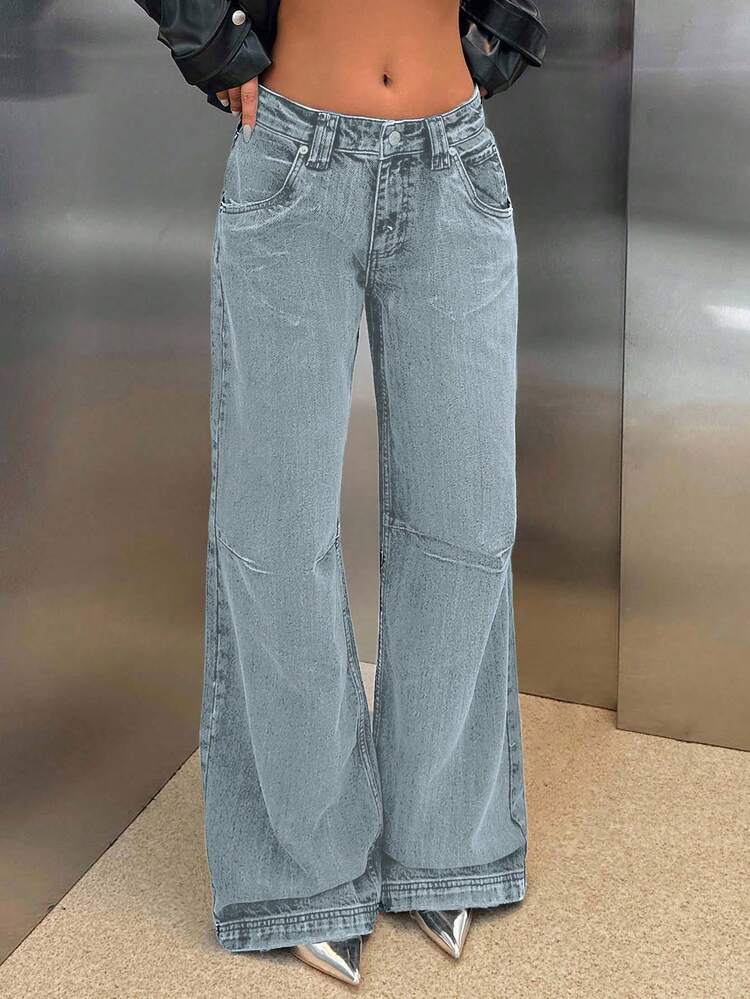 EURMUSE RueChic 低腰阔腿特殊水洗牛仔裤 - 淺藍色 - 查看 6