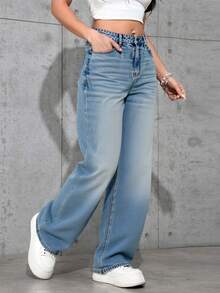 Pantalones Vaqueros Anchos de Mujer de Cintura Alta, Estilo Vintage con Detalles Únicos, Confortables y Versátiles - Azul claro - Ver 4