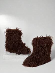 SHUZIA Damen windabweisende, pelzige und warme Plateau-Schneestiefel - Beige - Übersicht 7