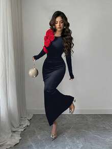 Rafferiza 女士秋冬圆领3D立体花卉丝绒修身收腰长裙，优雅适合假日、派对、圣诞晚宴 - 藏蓝色 - 查看 6