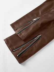 SHEIN PETITE CURVE 大码修身PU皮夹克，带拉链和保暖内衬，黑色PU皮高领法兰绒夹克，PU皮休闲街头风长袖女式常规夹克，适合秋冬季节，皮质抓绒夹克 - 咖啡棕 - 查看 7