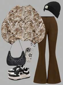 Tween Girls Knit Crew Neck Letter Graphic Loose Sweatshirt And Flare Leg Pants 2 Pieces Set, Classic Bow Print, Classic Fallen Leaves Print - Multicolor - View 3