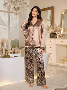 LuxeNights Luxury Contrast Trim Leopard Print Women Pajama Set, Winter Clothes - Coffee Brown - View 3