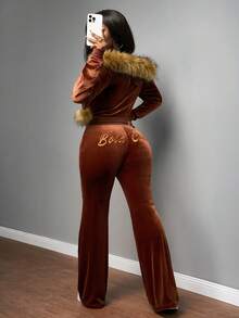 Slaydiva 2025秋冬新款音乐节、假日、西部、游牧风格休闲两件套 - 拉链抓绒领外套 + 直筒裤，芥末绿，臀部字母刺绣，天鹅绒 - 芥末黃 - 查看 4