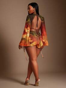 Radiana Plus Size Women's Rust Orange Marble Tie-Dye Mesh 3Pcs Set,Summer,Elegant,Vacation,Wedding Ninang,Holiday Beach Bikini Cover Up Shorts Outfit Fall - Multicolor - View 2