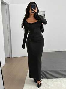 SHEIN EZwear Đầm midi dệt kim đen dài tay ren tương phản dành cho nữ - màu đen - Xem 4