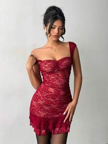 Aloruh Rochie de damă nouă, sexy, elegantă, fermecătoare, fierbinte, romantică, roșie, cu imprimeu floral din dantelă, cu volane, cu bretele spaghete, pentru întâlniri de Crăciun, petreceri sau ieșiri în oraș - roșu - Vizualizare 2