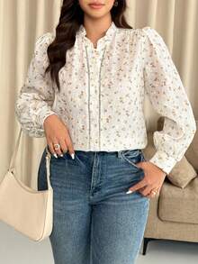 Flirla Camisa Longa de Manga Comprida Floral Elegante e Casual Estilo Francês para Mulheres Plus Size - Branco - Visão 3