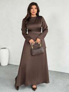 Firerie Plus Size Spring/Summer/Autumn/Winter New Elegant Casual Office Workwear Satin Asymmetric Ruched Waist Slim Long Sleeve Blouse + Regular Loose A-Line Maxi Skirt 2 Piece Set Plus Size Brown Satin Dress Curve Elegant Dress Brown Elegant Dress Women Plus Size Long Sleeve Dress Long Sleeve Elegant Dress
