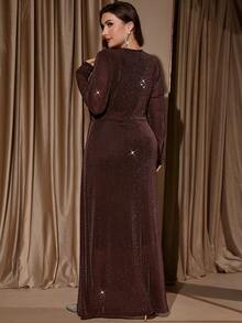 SHEIN Clasi 大码优雅派对闪亮扭结连衣裙 优雅派对礼服 圣诞派对服装 - 咖啡棕 - 查看 3