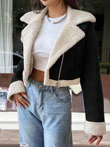 SHEIN EZwear 女士泰迪绒内衬拉链机车夹克，大翻领，秋冬款