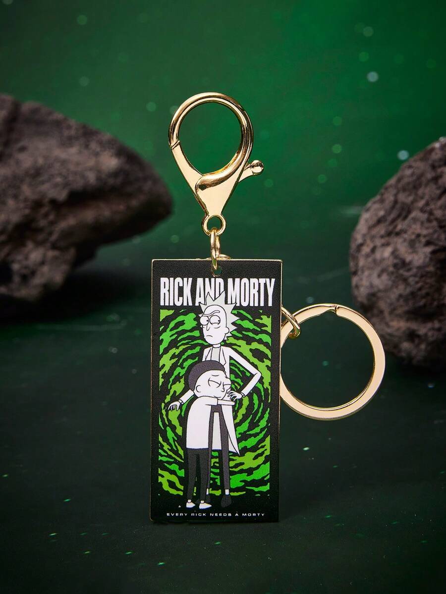 Rick and Morty X SHEIN 1pc Zinc Alloy Drip Oil Cartoon Series Keychain, Luxury Niche Casual Couples, Also Suitable For Bag Decor, Fit For Party, Concert, Festival - Gold - View 1