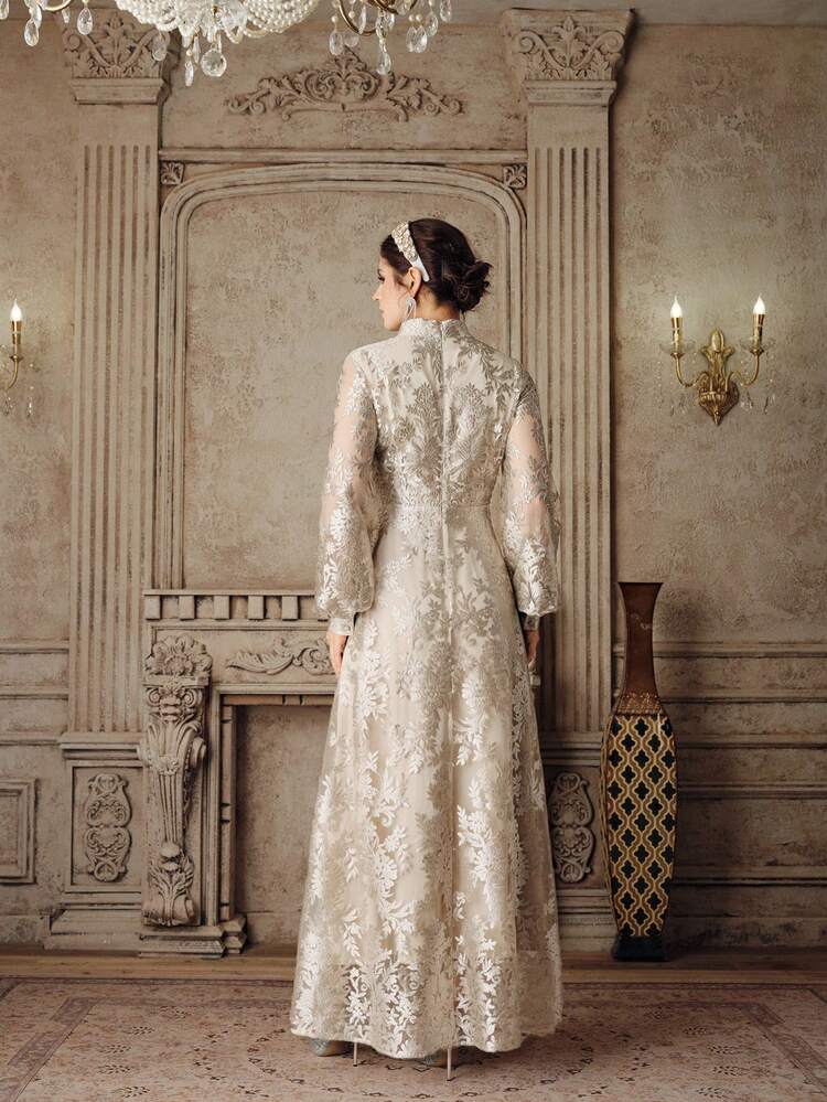 Women's New Elegant Flared Long Sleeve Embroidered Dress, Apricot/Champagne Color, Suitable For Party, Birthday, Valentine's Day