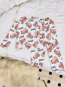 SHEIN Mädchen Bubble Crinkle süßer Pyjama Set mit bedrucktem Muster, Langarm-Oberteil und Hose - Verschiedenfarbig - Übersicht 2