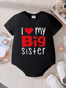 SHEIN Baby Boys Casual Fashionable Creative Personalized Refreshing Minimalist Cute Kawaii Red Heart Funny Slogan Graphic Print Casual Basic Crew Neck Short Sleeve Bodysuit, Comfortable Cozy Summer Styles Suitable For Baby Boys' Daily Wear - Black - View 3