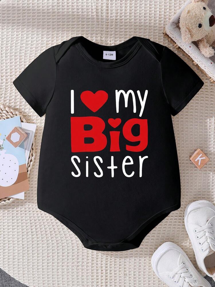 SHEIN Baby Boys Casual Fashionable Creative Personalized Refreshing Minimalist Cute Kawaii Red Heart Funny Slogan Graphic Print Casual Basic Crew Neck Short Sleeve Bodysuit, Comfortable Cozy Summer Styles Suitable For Baby Boys' Daily Wear - Black - View 3