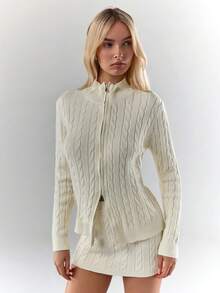 Glamine Conjunto de 2 piezas de top de manga larga con cremallera y cable retorcido, y minifalda de punto para mujer. Ropa neutral de otoño, vestidos de suéter, conjuntos neutrales, outfit con botas - Blanco - Ver 5