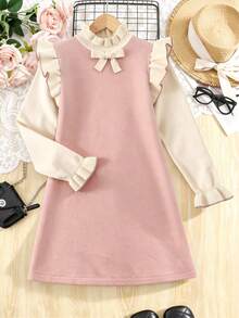 SHEIN 少女杏色和粉色提花蝴蝶结露肩长袖毛衣连衣裙，适合返校节、优雅场合、正式场合、秋季穿着，适合秋冬季节。 - 粉色 - 查看 3