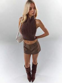 Glamine Fashionable Sexy Cropped Halter Backless Sweater - Brown - View 1