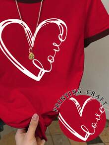 Resyla 女士宽松休闲圆领爱心印花T恤 - 紅色 - 查看 4