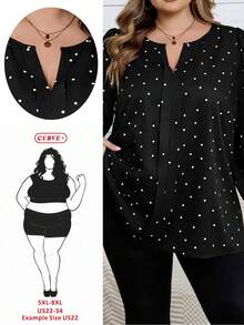 SHEIN CURVE+ Áo sơ mi thường ngày cổ chữ V tay dài in hoa cỡ lớn - màu đen - Xem 3