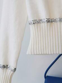 Franclia 女士优雅通勤极简时尚亮片拼接翻领插肩袖修身针织衫，适合秋季穿着，优雅时尚休闲通勤商务办公日常休闲百搭气质都市教师职业装水钻毛衣白色水钻上衣闪亮白色上衣 - 米色 - 查看 4