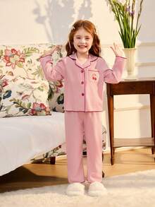 2pcs Young Girl Simple Cute Coral Pink Cherry Embroidered Long Pants And Loose Fit Long Sleeve Homewear Set - Coral Pink - View 1