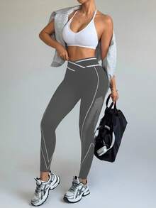 Slayform 女士不对称腰部镂空设计休闲健身紧身裤 - 深灰色 - 查看 7