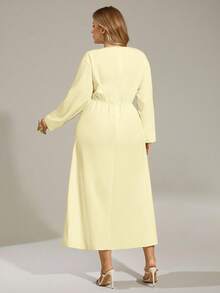 Auralis Asymmetric Irregular Fitted Commuter Elegant Minimalist Women Long Dress/Plus Size Women Autumn Spring Commuter Casual Outdoor Yellow Waist Flared Ruched Collar Design Long Dress, Suitable For Valentine's Day, Concert, Performance, Date, Formal Banquet, Prom, Wedding Season, Sexy, Elegant, Commuter, Back To School, Vacation, Beach, Romantic, Office Lady, Mermaid Style, Birthday Party, Valentine Outfits For Women - Yellow - View 4