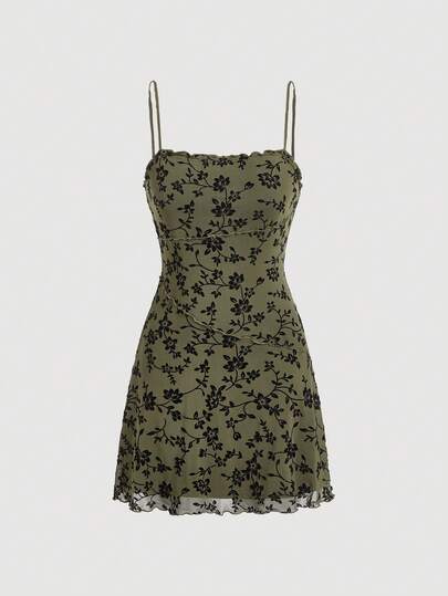 SHEIN MOD Floral Print Mesh Elasticity Vintage Green Cami Dress