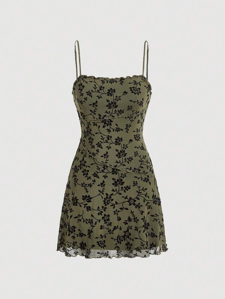 SHEIN MOD Vestido camisero vintage verde con estampado floral de malla elástica - Verde militar - Añade 1