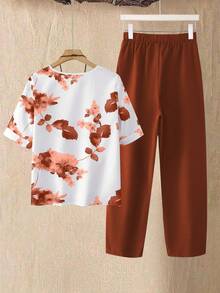 SHEIN LUNE 2件套女士碎花圆领短袖上衣和裤子，新年休闲装 - 鏽棕色 - 查看 2