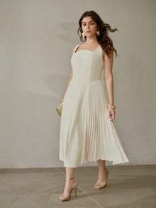 MOTF PREMIUM PLUS ELEGANT ROMANTIC PLEATED U-NECK SLEEVELESS DRESS, SPRING/SUMMER - Beige - View 6