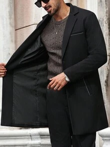 Manfinity Mode 男士加大码前开襟长袖口袋休闲商务外套，适合作为礼物送给朋友、丈夫或男友。男士黑色外套，男士双排扣外套，男士系带外套，男士长款外套，男士外衣，优雅高端的教堂风格，适合秋冬季节穿着。 - 黑色 - 查看 8